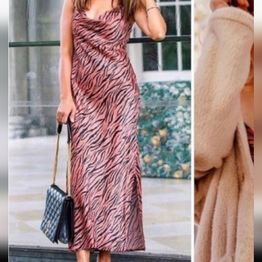 Anthropologie Elyse Bias Cut Slip Dress Slit Hem Midi in Tiger Print Size S New